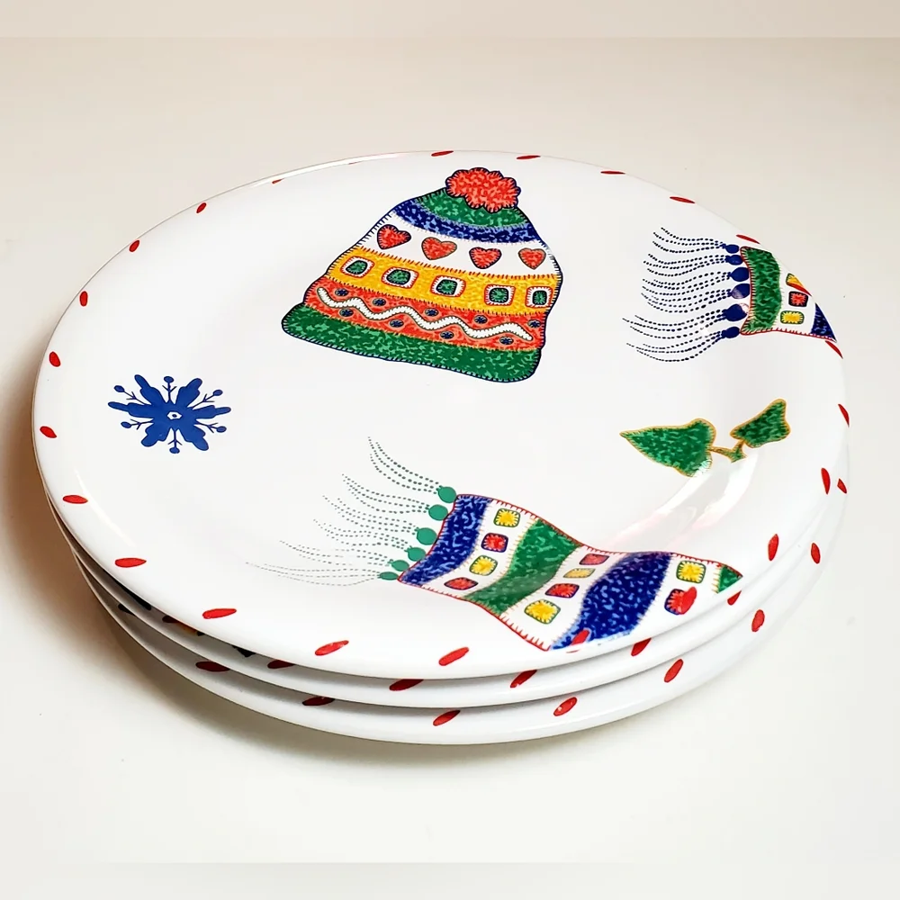 (3) Crate&Barrel Julia Bullmore Decorative Winter Skating Holiday Season Plates